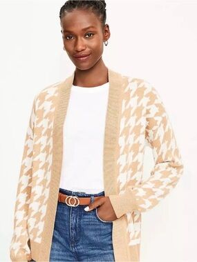 LOFT Houndstooth Cardigan Beige Cream Open Front Sweater Size L